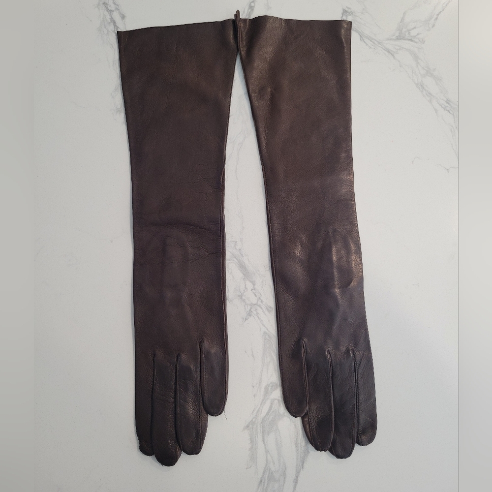 Vintage Fownes Chocolate Brown  Long Leather Gloves Made In Italy Size 6.5